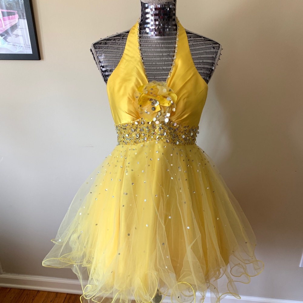 Mori Lee Yellow Sequin Flower Cocktail Dress
